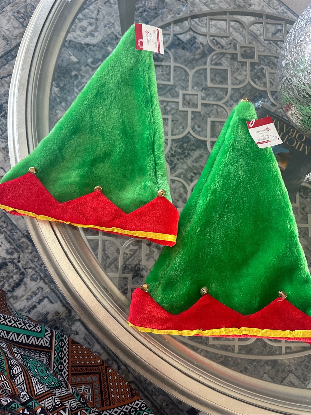 NWT- Celebrate It Green and Red Plush Elf Hats with Gold Bells - set of 2